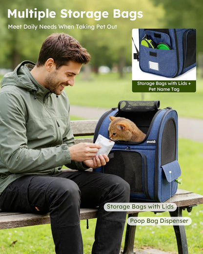 Expandable Cat Backpack Carrier - Breathable Mesh, Multi-Entry Design for Travel & Hiking - Fits Cats & Small Dogs Up to 11lbs - Hands-Free Convenience in Blue