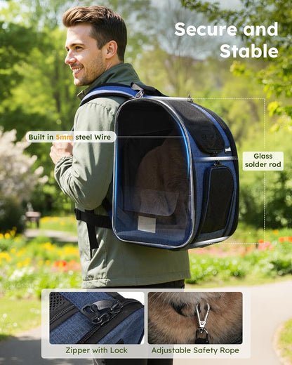 Expandable Cat Backpack Carrier - Breathable Mesh, Multi-Entry Design for Travel & Hiking - Fits Cats & Small Dogs Up to 11lbs - Hands-Free Convenience in Blue
