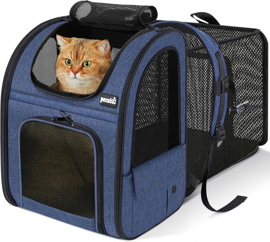 Expandable Cat Backpack Carrier - Breathable Mesh, Multi-Entry Design for Travel & Hiking - Fits Cats & Small Dogs Up to 11lbs - Hands-Free Convenience in Blue