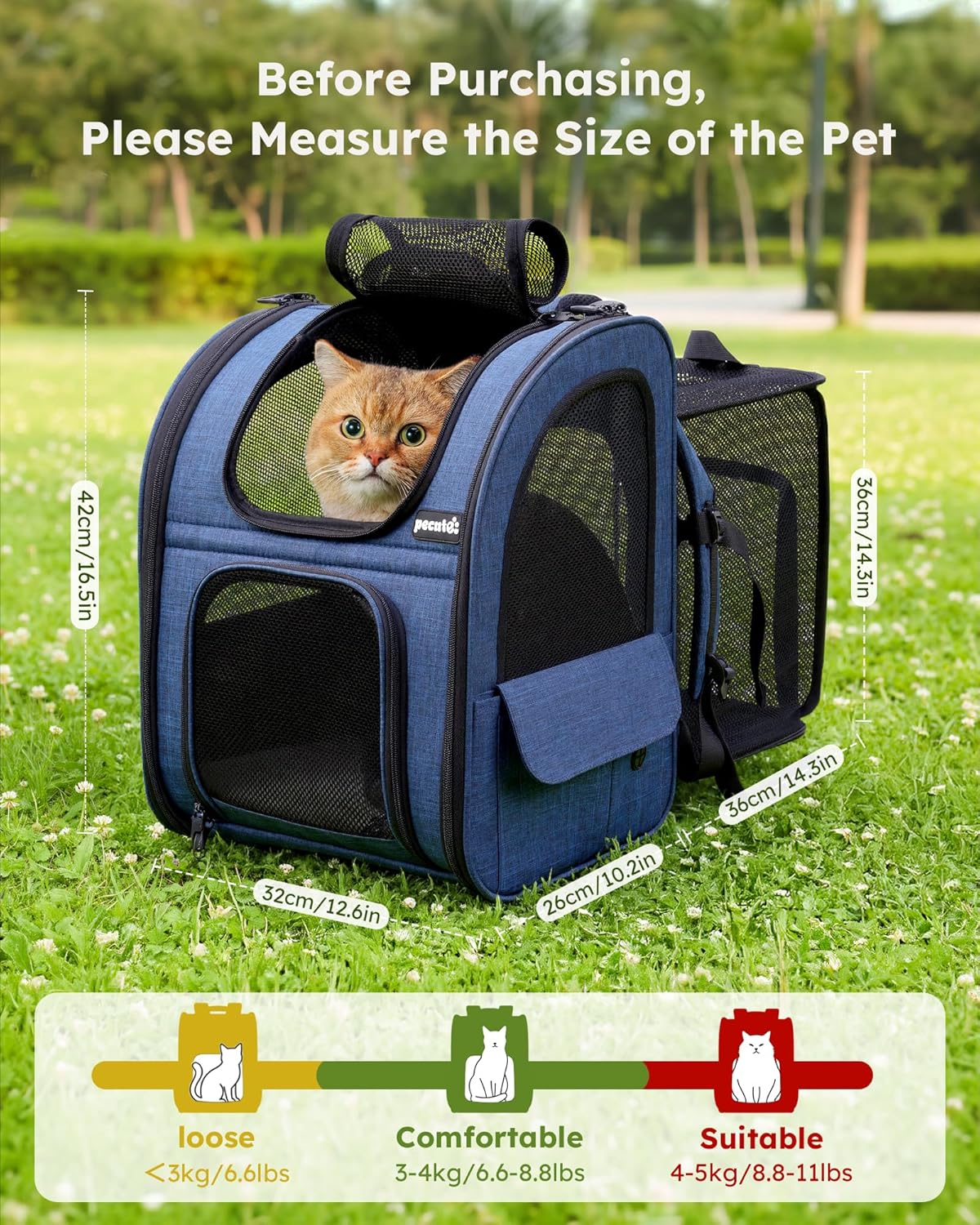 Expandable Cat Backpack Carrier - Breathable Mesh, Multi-Entry Design for Travel & Hiking - Fits Cats & Small Dogs Up to 11lbs - Hands-Free Convenience in Blue
