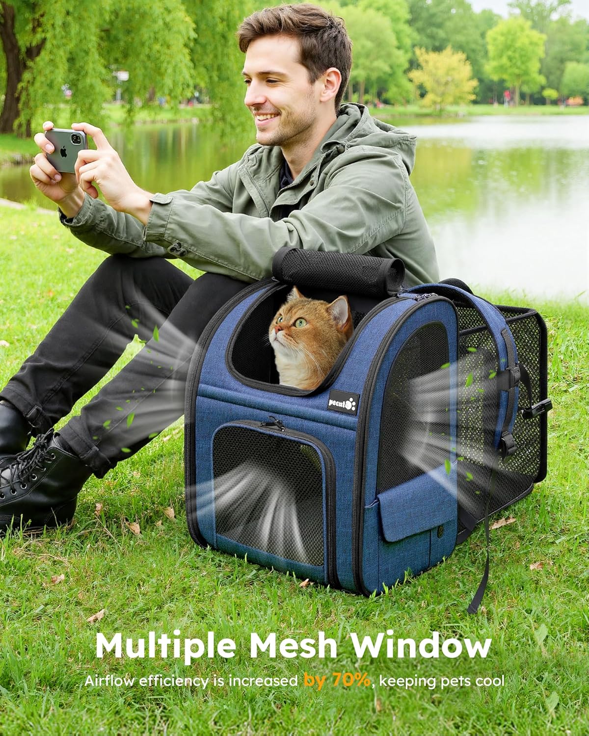 Expandable Cat Backpack Carrier - Breathable Mesh, Multi-Entry Design for Travel & Hiking - Fits Cats & Small Dogs Up to 11lbs - Hands-Free Convenience in Blue