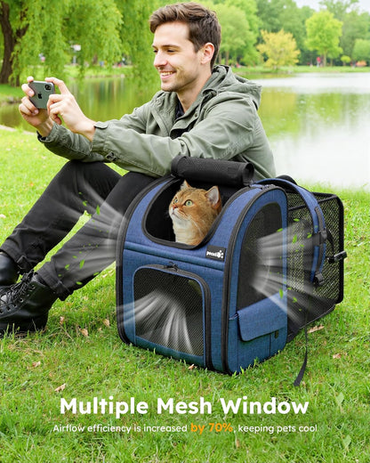 Expandable Cat Backpack Carrier - Breathable Mesh, Multi-Entry Design for Travel & Hiking - Fits Cats & Small Dogs Up to 11lbs - Hands-Free Convenience in Blue