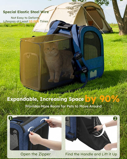 Expandable Cat Backpack Carrier - Breathable Mesh, Multi-Entry Design for Travel & Hiking - Fits Cats & Small Dogs Up to 11lbs - Hands-Free Convenience in Blue