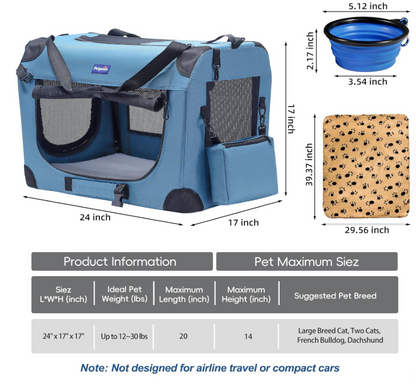 Portable Collapsible Dog Crate, Travel Dog Crate 24X17X17 with Soft Warm Blanket and Foldable Bowl for Large Cats & Small Dogs Indoor and Outdoor